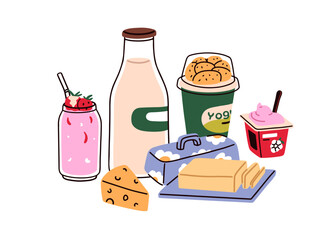 Wall Mural - Dairy product, milk produce composition. Yogurt, butter, cheese, sweet strawberry milkshake. Milky goods, food and drink assortment. Flat graphic vector illustration isolated on white background