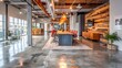 Industrial Open Office Space with Rustic Wooden Meeting Room and Creative Workspace