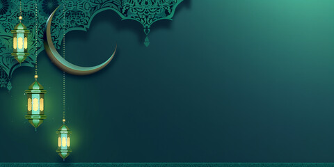 Wall Mural - Serene Green Ramadan Setting with Crescent, Decorations, and Copy Space.