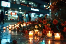 Memorial With Candles And Flowers On City Sidewalk At Night.