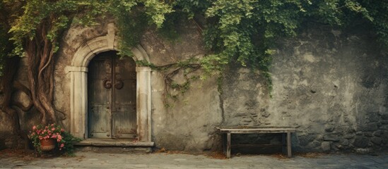 Sticker - A stone wall with a wooden door and a bench in front of it, blending into the natural landscape with trees and grass, creating a historic facade