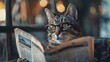 Vintage Cat Wearing Glasses and Reading Newspaper