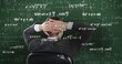 Image of icons and mathematical equations over caucasian businessman on green background