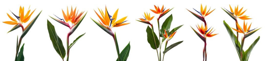 Wall Mural - Collection set tall stalk bunch of crane Strelitzia Reginae bird of paradise flower floral on transparent background cutout, PNG file. Mockup template artwork graphic design	
