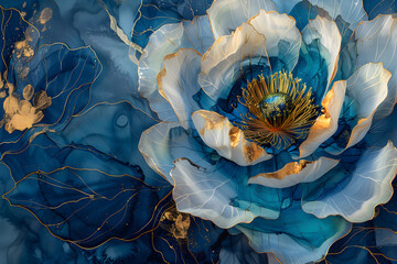 Canvas Print - Botanical flowers wallpaper with a big flower, flowing alcohol ink style on a bioluminescence navy blue background with white and gold accents. Perfect for stylish and modern decoration.