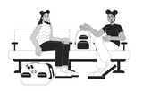 Fototapeta Dinusie - Wait passengers women friends black and white 2D line cartoon characters. Travelers airport terminal seats isolated vector outline people. Talking in area waiting monochromatic flat spot illustration
