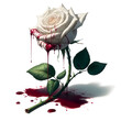 A white rose, long stem, withered, a drop of blood on the rose petal, on a white background.