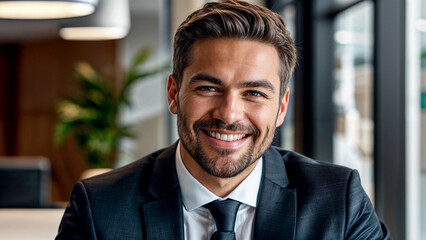 portrait of successful businessman consultant looking at camera and smiling inside modern office building