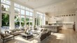 Luxurious Open-Concept Living Room and Kitchen with Elegant Furniture and Floor-to-Ceiling Windows