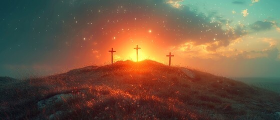 Poster - The Resurrection - Crosses On Hill At Sunset - Abstract Glittering In The Sky And Vintage Colors