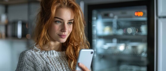 Fototapete - A young woman uses her smartphone to control her kitchen appliances through the Internet of Things. Graphics are showing the digitalization of visuals of connected home electronics.