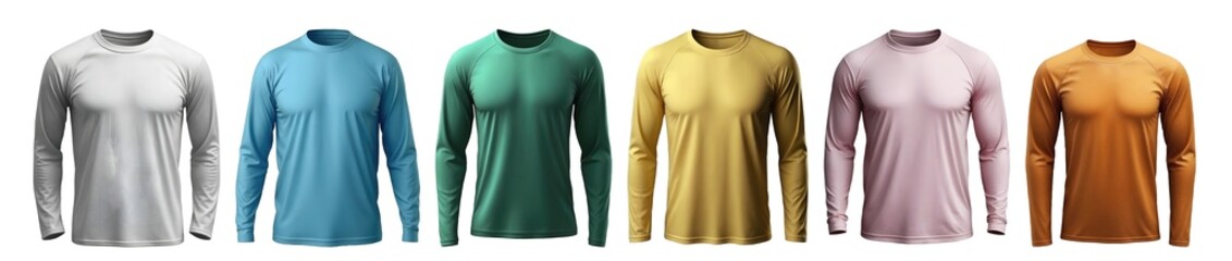 Collection of long sleeve round neck t-shirts for men set in different colours isolated on transparent background. Generative AI