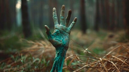 Canvas Print - An eerie skeleton hand rises out of a graveyard for Halloween