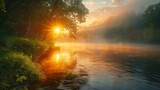 Fototapeta Na ścianę - Foggy river with fresh green grass in the sun. Sun beams through the trees. Dramatic colorful scenery. Seret river, Ternopil. Ukraine, Europe. World of beauty.