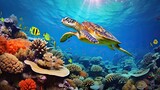 Fototapeta Do akwarium - Colorful coral reef with many fishes and sea turtle. Underwater wildlife panorama Coral reef with wild.