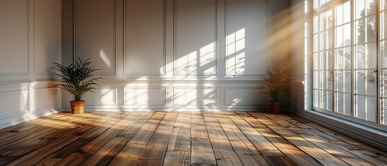 Poster - 3D model of an empty room with laminate flooring and sun light casting a shadow on the wall.