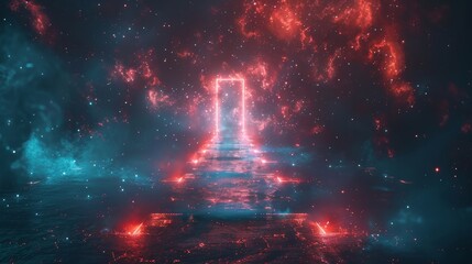 Aufkleber - Modern illustration of futuristic polygonal steps leading to the future. Shiny tech digital path leading to a large door opening in the future.