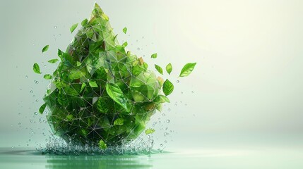 Aufkleber - Water drop with green leaves within. Low poly style design. Abstract geometric background. Wireframe light connection structure. Modern ecological graphic concept. Modern illustration.
