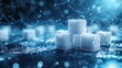 Stack of white cubes of sugar. This is an abstract version of sugar sweetener. A low poly style design. A modern 3D design concept with a blue geometric background. A wireframe connection structure.