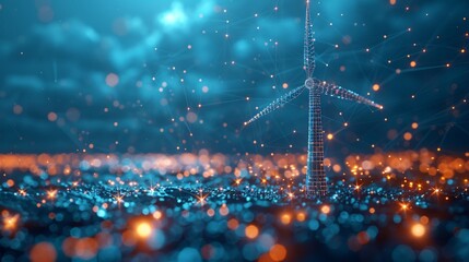 Poster - This is an abstract blue glass dome with wind turbines inside. Renewable power generation Green energy concept. Low poly style Wireframe connection structure Modern 3D graphic Vector.