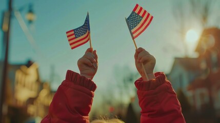 Child hand hold small american flag on memorial day and sky as background