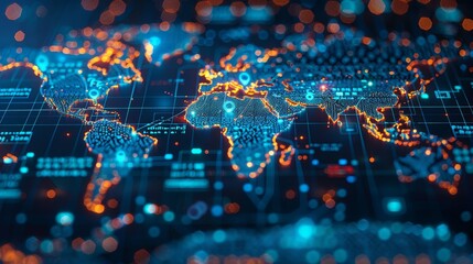 Poster - The shield lock is illustrated on a world map with a futuristic polygonal style. It represents internet privacy or cyber protection.