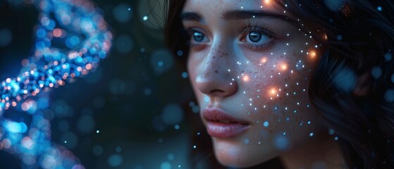 Aufkleber - Anatomy of DNA strands. Research of genetic molecular helix. Medical technology interface with data. Dna spiral gene analysis.