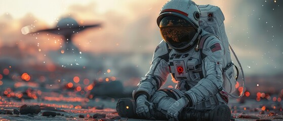 Aufkleber - An astronaut in a futuristic spacesuit is sat in a futuristic spaceship, looking out at the stars, while a flying saucer touches down on the runway of a space station.