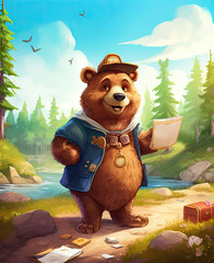 Wall Mural - Cartoon background with a bear on a path in the forest.