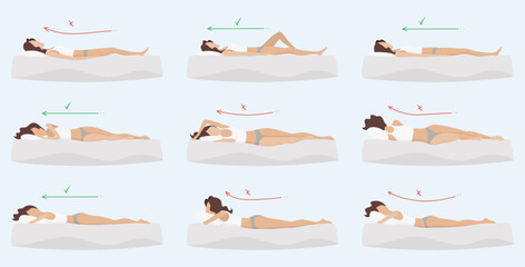 Correct and incorrect sleeping body posture. Healthy sleeping position spine in various mattresses and pillow. Caring for health of back, neck. Comparative vector illustration