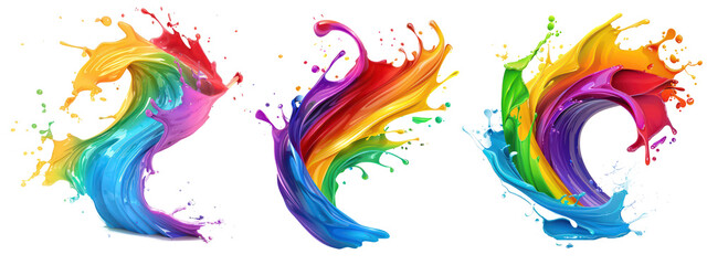 Set of Rainbow wave paints. Colorful paint splashing. Isolated on the transparent background