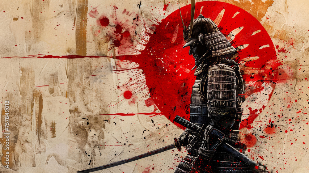 Illustrated Japanese samurai warrior in armor with a bold red sun and ...