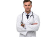 © olympuscat - Young doctor in a white lab coat with a stethoscope isolated on a transparent background