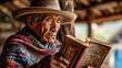 Elderly man in colorful traditional South American attire engrossed in an ornate ancient book