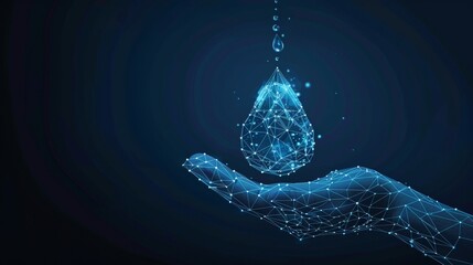 Aufkleber - An abstract hand holds a drop of water with a blue geometric background. Wireframe lights connect to each other. Modern 3D graphic concept. Isolated  illustration. Low poly style design.