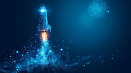 Fototapete - A rocket launch with a graph growing up over it. A low-poly style design with a blue geometric background. It shows a modern 3D graphic illustration using wireframe light connections.