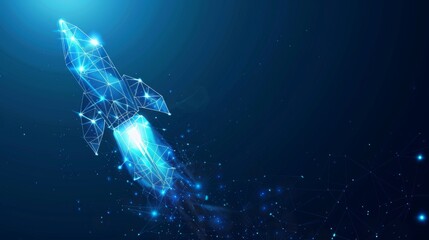 Leinwandbilder - Isolated  illustration of an abstract blue glowing light bulb rocket launch. Abstract geometric background. Wireframe light connection structure. Isolated  illustration of a modern 3D
