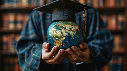 Poster - Businessman with a graduation cap holding an Earth globe model map with a radar background in his hands. Concept of global business study, abroad education.