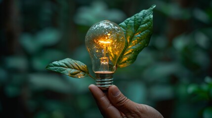 Aufkleber - Light bulb on a green leaf with icons representing renewable, sustainable energy sources. Ecology concept.