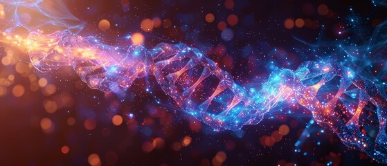 Fototapete - An abstract flying rocket and a 3D molecule helix that represents DNA. Biotechnology engineering concept. Low poly style. Geometric background. Wireframe light connection structure Modern 3D graphic.
