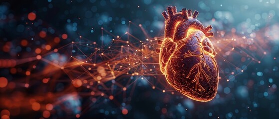 Fototapete - The abstract red heart behind the futuristic guard shield is being attacked by viruses. Medical concept. High poly style Geometric background Wireframe connection structure  illustration.