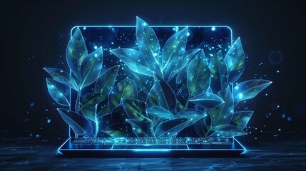 Aufkleber - Isolated  illustration of an abstract laptop with green plants. It has a low poly style design. It has a blue geometric background. It has a wireframe structure for connecting light. It is a