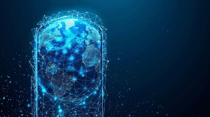 Fototapete - Isolated  illustration of a blue mobile phone, a white screen, and a white hologram of the planet Earth. Low poly style design. Geometric background. Wireframe light connections. Isolated