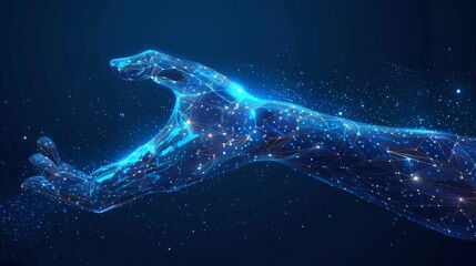 Poster - An arm and a hand fabricated by a robot. Modern technologies. Low poly blue. Polygonal abstract illustration of a starry sky or the Cosmos.  image in RGB color.