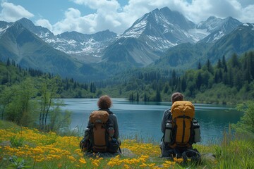 Two People Sitting on Hill Overlooking Lake