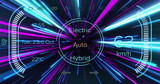 Image of electric car icons over pink and blue neon light trails