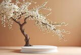 Fototapeta Uliczki - Cherry blossoms in full bloom envelop a circular white pedestal; the peach background softly complements the natural elegance of the scene
