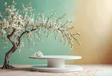 Fototapeta Uliczki - A serene teal and peach gradient background enhances the white cherry blossoms and curved tree trunk, with a round podium for showcasing products
