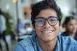 Close-up portrait of young hispanic man wearing glasses, man smiling and looking at camera at workplace inside office, programmer satisfied with success and achievement results, Generative AI
