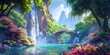 concept art of an enchanted forest with vibrant colors, lush greenery and waterfalls, a small wooden bridge over the river leading to hidden ruins